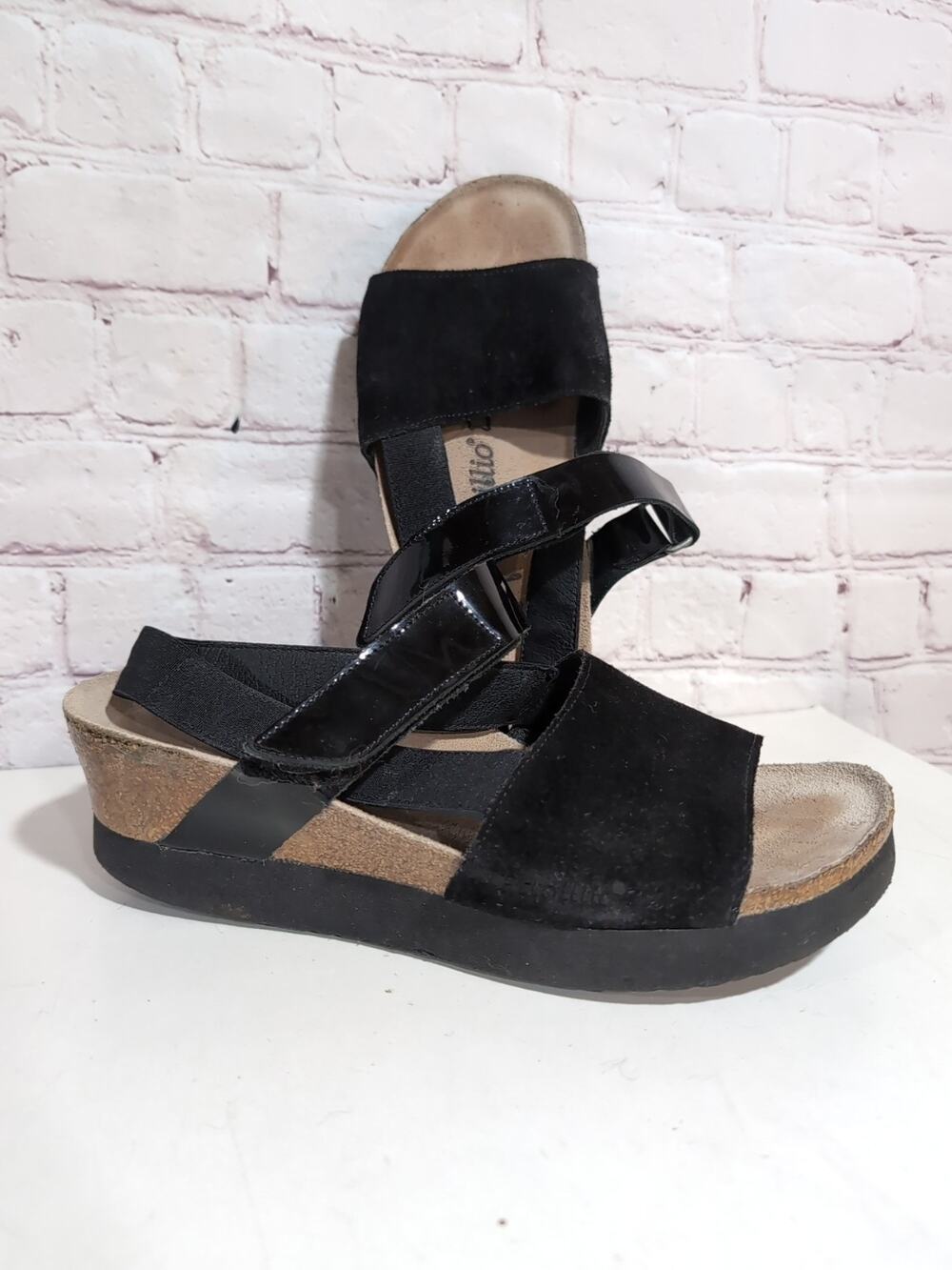 Papillio Birkenstock Linda Platform Wedge 8-8.5 Sandal Black Patent Suede Boho